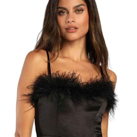 Lulu’s Black Feather Together Satin Wide Leg Jumpsuit Medium - Picture 3 of 16